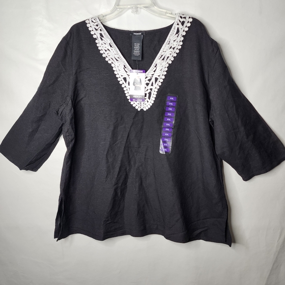 Premise Linen Top Black Rayon Blend Lace Trim V Neck Women's Size XXL NWT - Picture 1 of 15